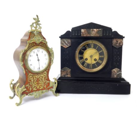 French boulle and brass mounted balloon mantel clock timepiece, 12" high; also a black slate and grey marble two train mantel