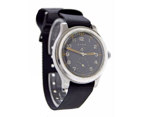 Cyma British Military issue stainless steel gentleman's wristwatch, signed circular black dial with Military arrow, Arabic nu