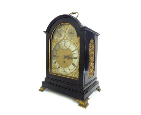 English ebonised triple fusee bracket clock, the 8" brass arched dial signed Wales & McCulloch, 22, Ludgate Hill on an arched