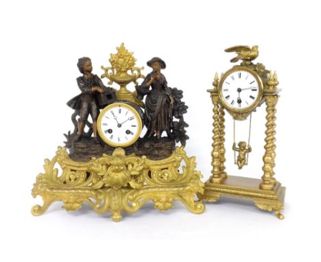 French gilt metal drumhead clock timepiece with girl in a swing pendulum, 14" high; also a French spelter two train figural m