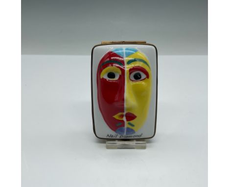 Limited edition Dubarry Limoges porcelain trinket box featuring a raised, colorful mask design dedicated to Neil Diamond. Thi