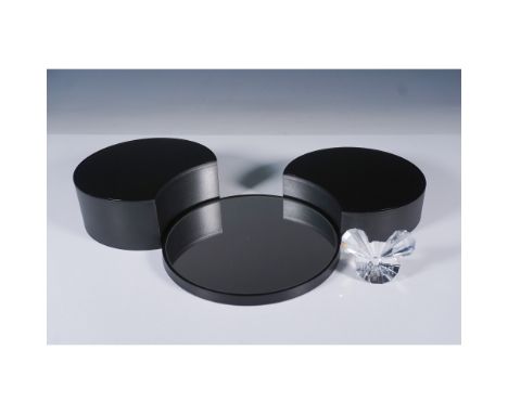 Swarovski three-piece display stand with black acrylic base and mirrored center (2"H), designed to elegantly showcase Swarovs