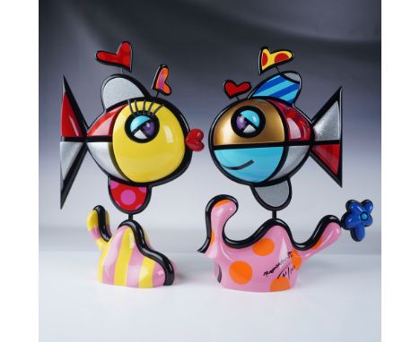 This auction lot features a pair of vividly colored resin sculptures from the Deep Love series by renowned contemporary artis