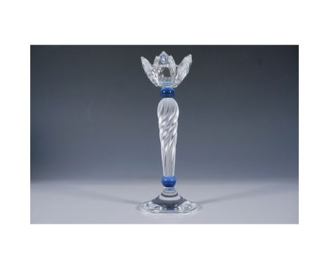 Elegant Swarovski Silver Crystal Torch Candleholder, featuring a twisted frosted crystal stem accented with deep blue crystal
