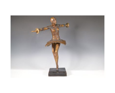 Stunning bronze sculpture in the style of Demetre Chiparus (Romanian, 1886-1947), depicting an elegant Art Deco dancer in a d