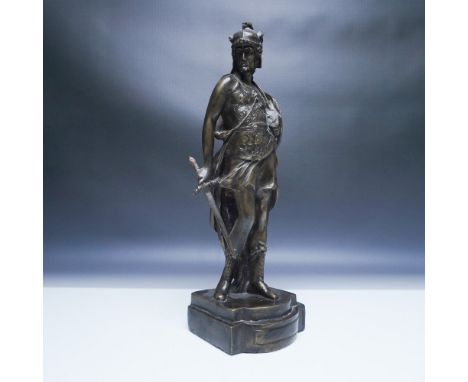 This bronze sculpture depicts a classical warrior, adorned in detailed armor with a plumed helmet, a shield slung over his ba