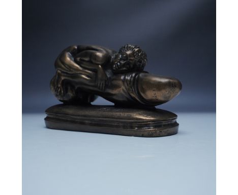 A bronze erotic sculpture marked AB 1876, depicting a reclining male figure embracing a large phallic form. This intricately 