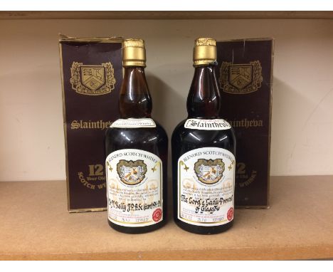 SLAINTHEVA 12 YEARS OLD (2)
Blended Scotch Whisky
26 2/3 fl.oz, 70° proof. One was bottled for 'Dr M Kelly J.P, B.Sc (Econ) P
