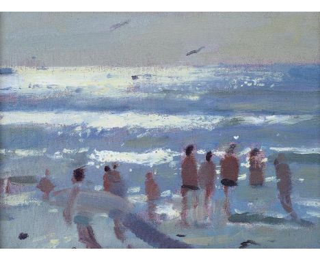Ken Howard OBE, RA (b.1932) ''Beach Figures Against the Light'', (1985) Oil on board, 15.5cm by 21.5cm Provenance: The Ogle G