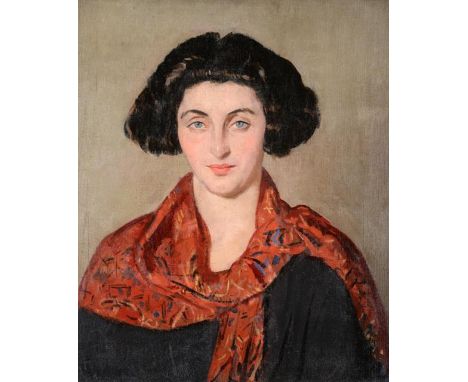Philip Naviasky (1894-1983) Head and shoulders portrait of a lady wearing a red patterned scarf Oil on board, 59.5cm by 49.5c