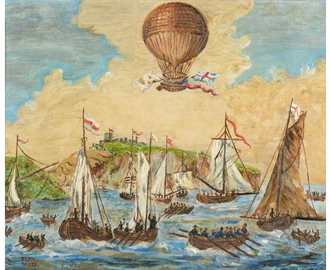 Attributed to Fred Yates (1922-2008) ''The First Channel Crossing by Air 1785'' Signed, oil on board, 62.5cm by 75cm On 7 Jan