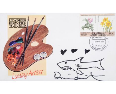 Damien Hirst (b.1965)SharkSigned, pen drawn on a Leaders of the World Nanumaga Tuvalu First Day Cover, 12cm by 20cm (unframed