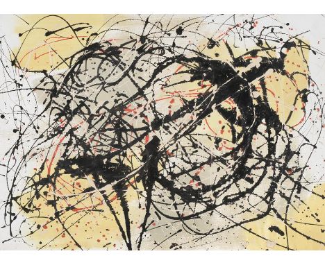Marie Walker Last (1917-2017) Abstract - yellow ground Signed and dated 1956 verso, oil on textured wallpaper, 54cm by 75cm  