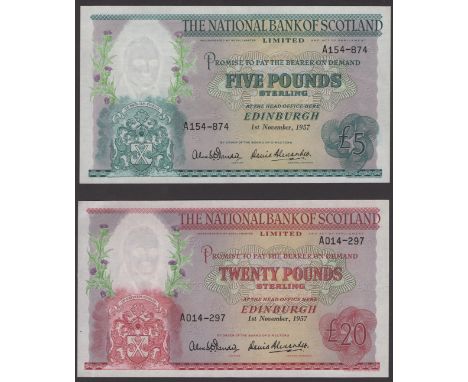 National Bank of Scotland Limited, £5, 1 November 1957, serial number A154874, £20, 1 November 1957, serial number A014297, D