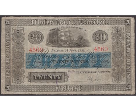 Ulster Bank Limited, £20, 1 June 1929, serial number 4560, manuscript Gore signature, original fine, a scarce early date PMI 