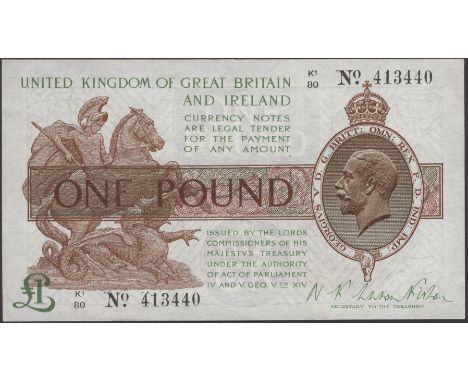 Treasury Series, Warren Fisher, £1, 30 September 1919, serial number K1/80 413440, light central fold but a superb original a