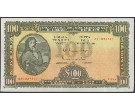 Central Bank of Ireland, £100, 4 April 1977, serial number 02B 037143, Murray and O’Murchu signatures, light central fold and