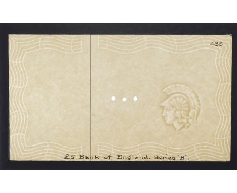 Bank of England, Leslie K. O’Brien, watermarked paper for £5, series B (1957), glued into blue card frame with annotations on