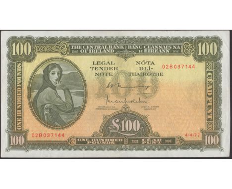 Central Bank of Ireland, £100, 4 April 1977, serial number 02B 037144, Murray and O’Murchu signatures, light central fold and