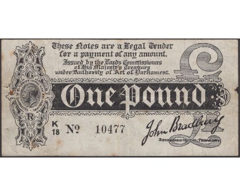 Treasury Series, John Bradbury, £1, 7 August 1914, serial number K/18 10477, a few spots and pinholes, overall fine and scarc