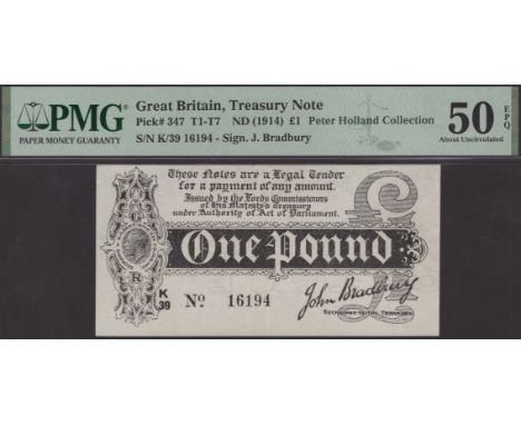 Treasury Series, John Bradbury, £1, 7 August 1914, serial number K/39 16194 (dash), in PMG holder 50 EPQ, about uncirculated,