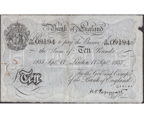 Bank of England, Kenneth O. Peppiatt, £10, London, 17 September 1935, serial number K/155 09194, slightly rusty paper clip ma