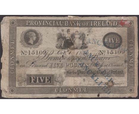 Provincial Bank of Ireland, £5, 1 October 1844, serial number 15109, Victoria portrait at top left, blue CANCELLED handstamps