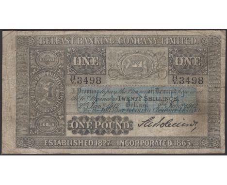 Belfast Banking Company Limited, £1, 2 January 1912, serial number H/V 3498, manuscript signature of S.A. Robinson, 41 branch