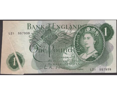 ERROR: Bank of England, Leslie K. O’Brien, £1, 17 March 1960, serial number L21 557939, partial gutter fold at left, toned at