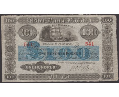 Ulster Bank Limited, £100, 1 June 1929, serial number 541, manuscript Patton signature, graffiti on reverse, pinholes, origin