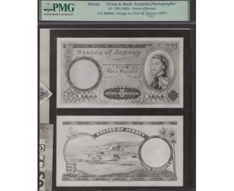 States of Jersey, a pair of Bradbury Wilkinson archival photographs showing obverse and reverse designs for £5, ND (1963), fe