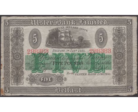 Ulster Bank Limited, £5, 1 January 1935, serial number 288383, manuscript Griffith signature, a few small stains at low left,