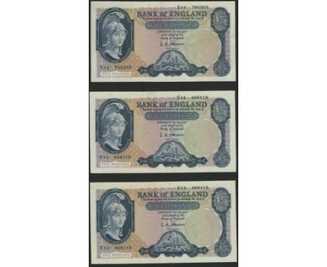 Bank of England, Leslie K. O’Brien, £5 (3), 21 February 1957, serial numbers E14 468118-19 and 795305, lightly pressed, first