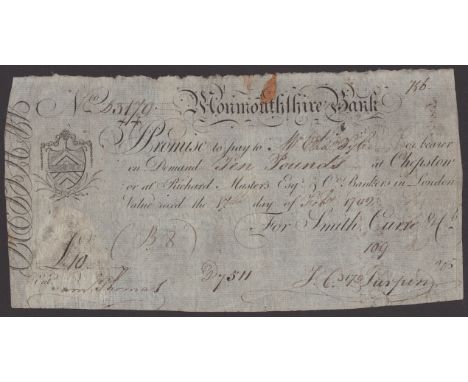 Monmouthshire Bank, for Smith, Currie & Co., £10, Chepstow, 17 February 1792, serial number B3179, manuscript signature, very