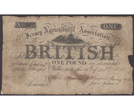 Jersey Agricultural Association, Trinity Bank, £1, 20 October 1835, serial number 40, manuscript signatures of Le Masurier, B