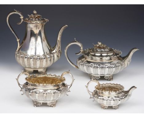 A GEORGE IV SILVER TEA SERVICE  AND A  MATCHING VICTORIAN SILVER COFFEE POT,  with melon knops, coffee pot 25cm h, by George 