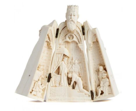 A CONTINENTAL IVORY FIGURE OF FREDERICK I (BARBAROSSA), LATE 19TH C   and of vierge ouvrante type opening to reveal the scene