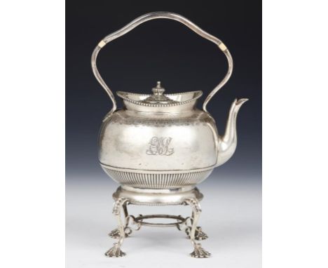 A VICTORIAN SILVER TEA KETTLE AND STAND 26cm h, by C T & G Fox, London 1874, 26ozs 14dwts++Kettle with minor dent; polish res