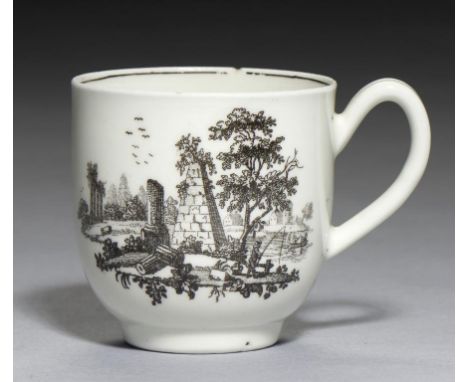 A WORCESTER COFFEE CUP, C1770 overglaze printed in black with the Obelisk and the Temple of Minerva  and a companion print, 6