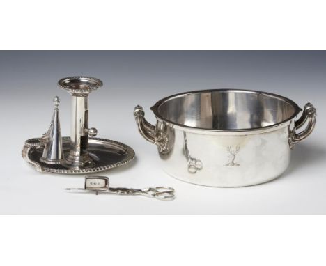 A SHEFFIELD PLATE GADROONED CANDLESTICK AND EXTINGUISHER, C1820  20.5cm h, by The M Boulton Plate Co, with a pair of contempo