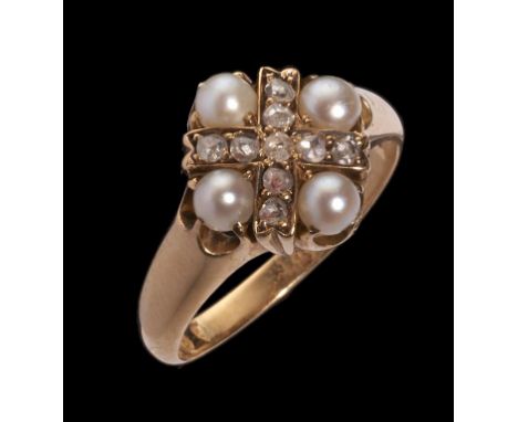 A SPLIT PEARL AND DIAMOND CRUCIFORM RING in gold, marked 18, 5g, size N++Good condition