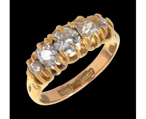 A DIAMOND FIVE STONE RING the graduated round old cut diamonds weighing in total approx 0.6ct, in gold, marked 18, 3.9g, size