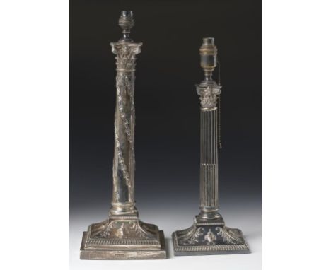 AN EDWARD VII SILVER OIL LAMP  the shaft embossed with spiralling bellflowers, 46cm h excluding later electric fitment, by Th