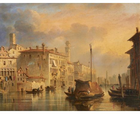 CIRCLE OF GEORGE CLARKSON STANFIELD A VENETIAN CANAL; VENICE AT SUNSET a pair, oil on prepared panel with printed trade label