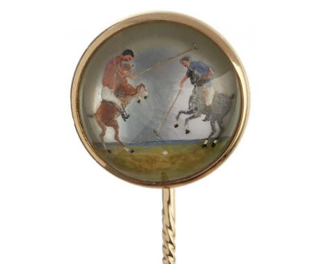 POLO. A VICTORIAN REVERSE PAINTED CRYSTAL INTAGLIO STICK PIN in gold, 87mm, reverse marked FWL, unmarked, 7.35g++Good conditi