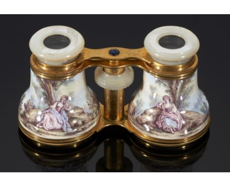 A PAIR OF FRENCH ENAMEL OPERA GLASSES, LATE 19TH C   painted in polychrome with 18th century lovers, a  woman seated beneath 