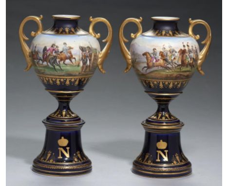 A PAIR OF FRENCH 'BLEU DE ROI' GROUND PORCELAIN VASES, C1900 painted with continuous scenes of Napoleon and the Grande Armee,