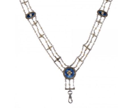 A DIAMOND, PEARL, PLATINUM, WHITE GOLD AND BLUE GUILLOCHE ENAMEL NECKLACE, C 1920 in white gold, 36cm, marked 750, 17.5g ++Bu