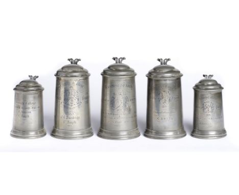 FIVE VICTORIAN PEWTER OXFORD COLLEGE PRIZE TANKARDS, 1870-2 comprising Trinity College Challenge Pairs, Athletic Sports, Scra