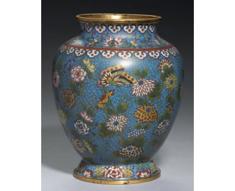 A CHINESE CLOISONNE ENAMEL 'PEONIES AND BUTTERFLIES' VASE, QING DYNASTY, 19TH C 21.5cm h++Several fine horizontal hairline cr